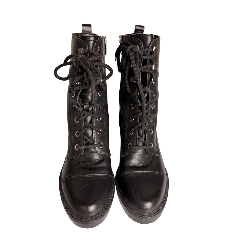 Marc Fisher MFLANIE Black Leather Lace Up Lug Sole Block Heel Combat Boots 8.5M